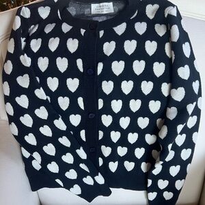 Navy blue and White Cardigan Sweater with Heart Pattern